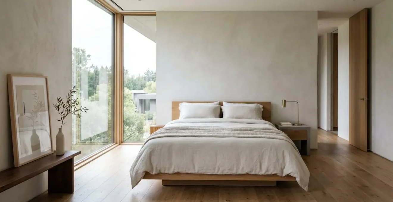 Chambre contemporaine avec lit double parfaitement habillé d'une housse de couette unie dans une ambiance lumineuse et épurée