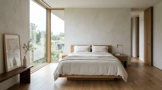 Chambre contemporaine avec lit double parfaitement habillé d'une housse de couette unie dans une ambiance lumineuse et épurée