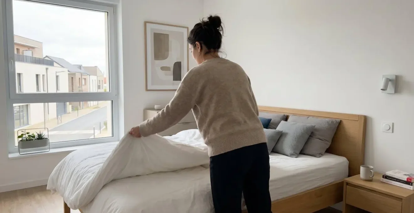 Personne vue de dos en train d'ajuster une housse de couette sur un lit double dans une chambre lumineuse